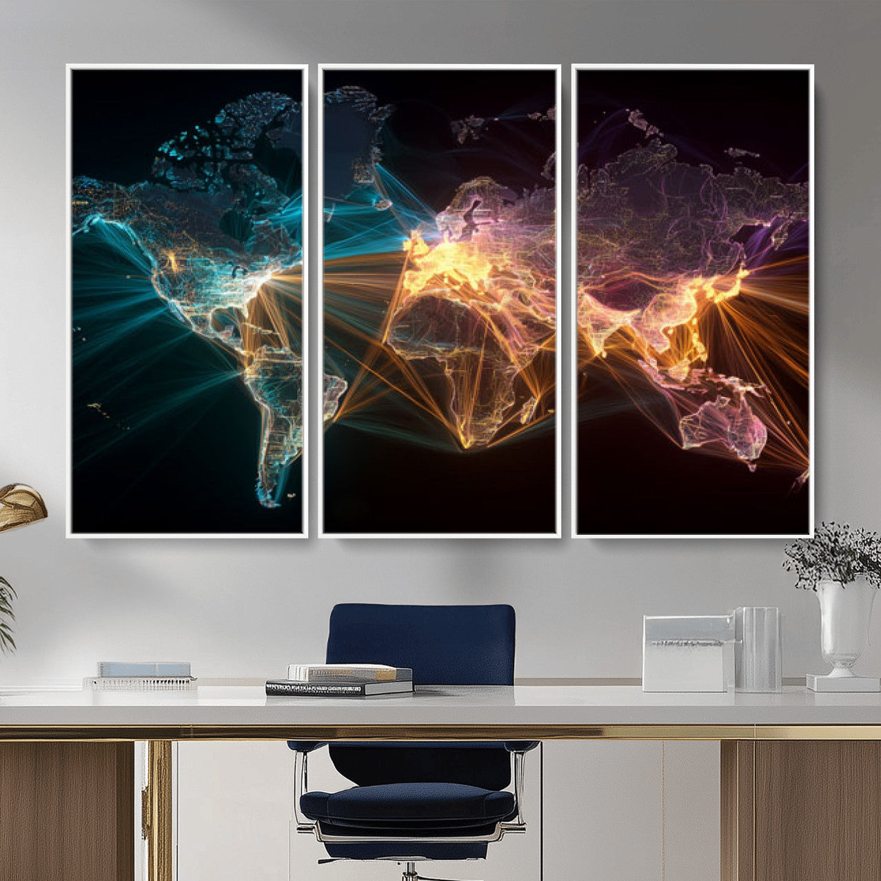 14891737-MGV-CV-36X24 - World Map and Global Flight Routes Map Canvas Wall Art, Worldwide Aviation Network Print, International Air Travel Wall Decor