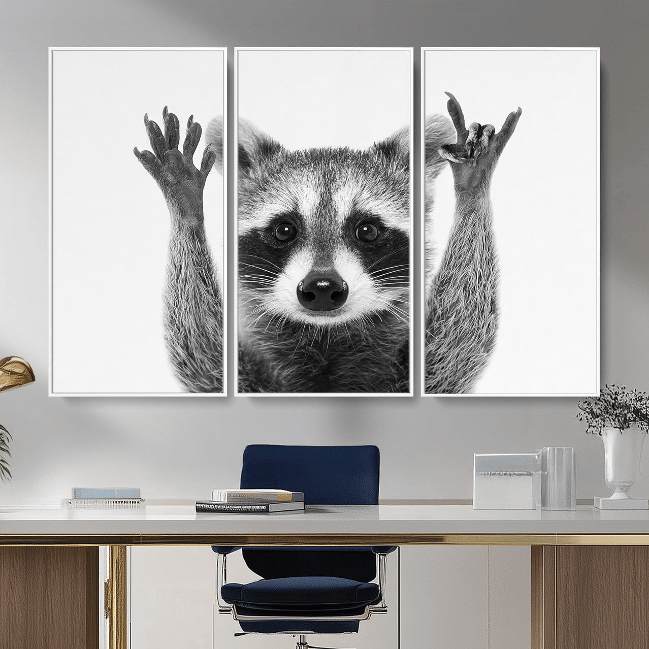 82392228-MGV-CV-36X24 - Funny Raccoon Canvas Wall Art, Black White Hands Up Animal Photo Print, Humorous Wildlife Decor, Kids Room Nursery Art, Quirky Animal Gift