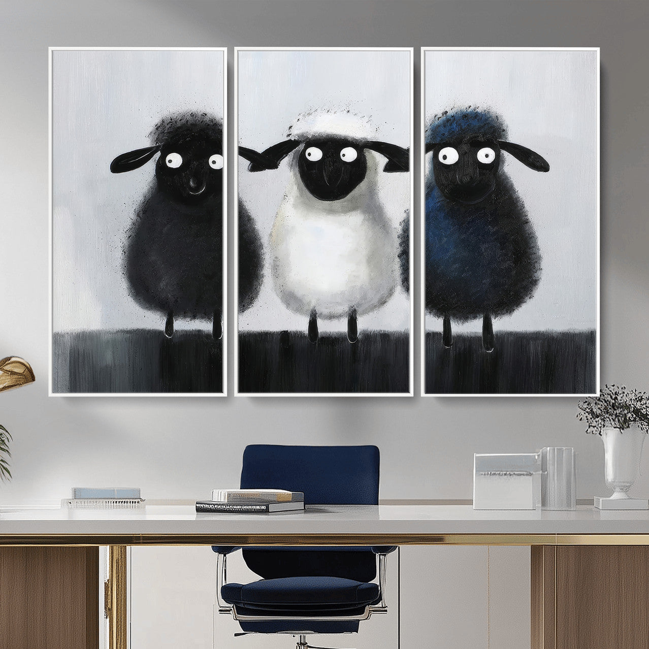 45650028-MGV-CV-36X24 - Funny Sheep Canvas Wall Art, Three Quirky Sheep Painting Print, Cute Animal Nursery Decor, Black White Navy Farmhouse Art, Kids Room Gift