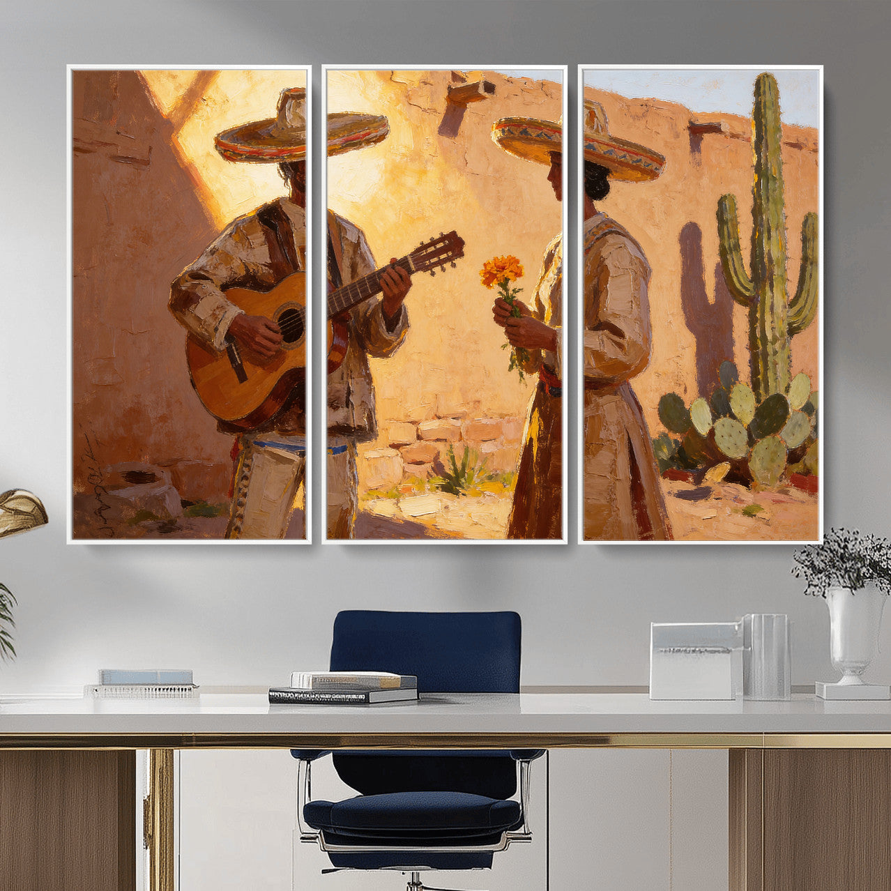 41849005-MGV-CV-36X24 - Mexican Couple Canvas Wall Art, Romantic Serenade Guitar Painting Print, Southwestern Desert Adobe Decor, Warm Golden Folk Art, Living Room Art
