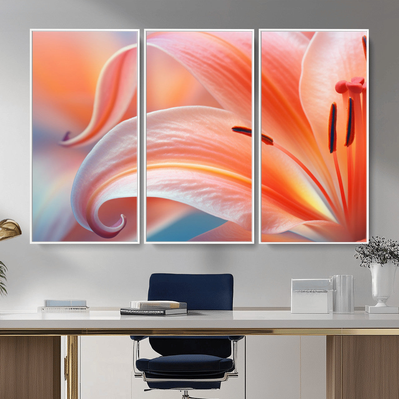 69566231-MGV-CV-36X24 - Peach Lily Canvas Wall Art, Coral Pink Flower Macro Photo Print, Botanical Bedroom Decor, Soft Floral Photography, Living Room Wall Art