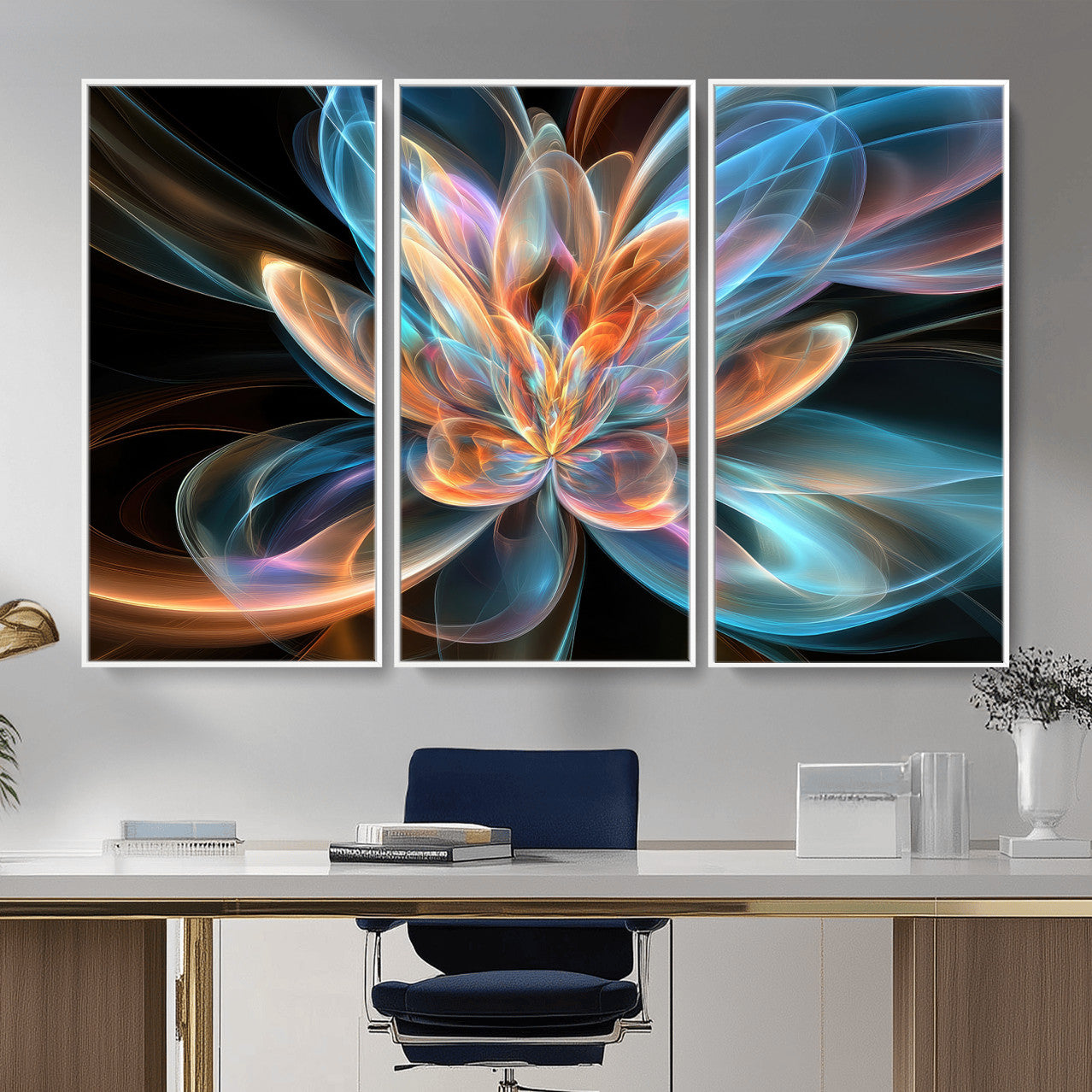 91902283-MGV-CV-36X24 - Fractal Lotus Canvas Wall Art, Blue Orange Glowing Flower Abstract Print, Modern Zen Meditation Room Decor, Ethereal Digital Art, Living Room