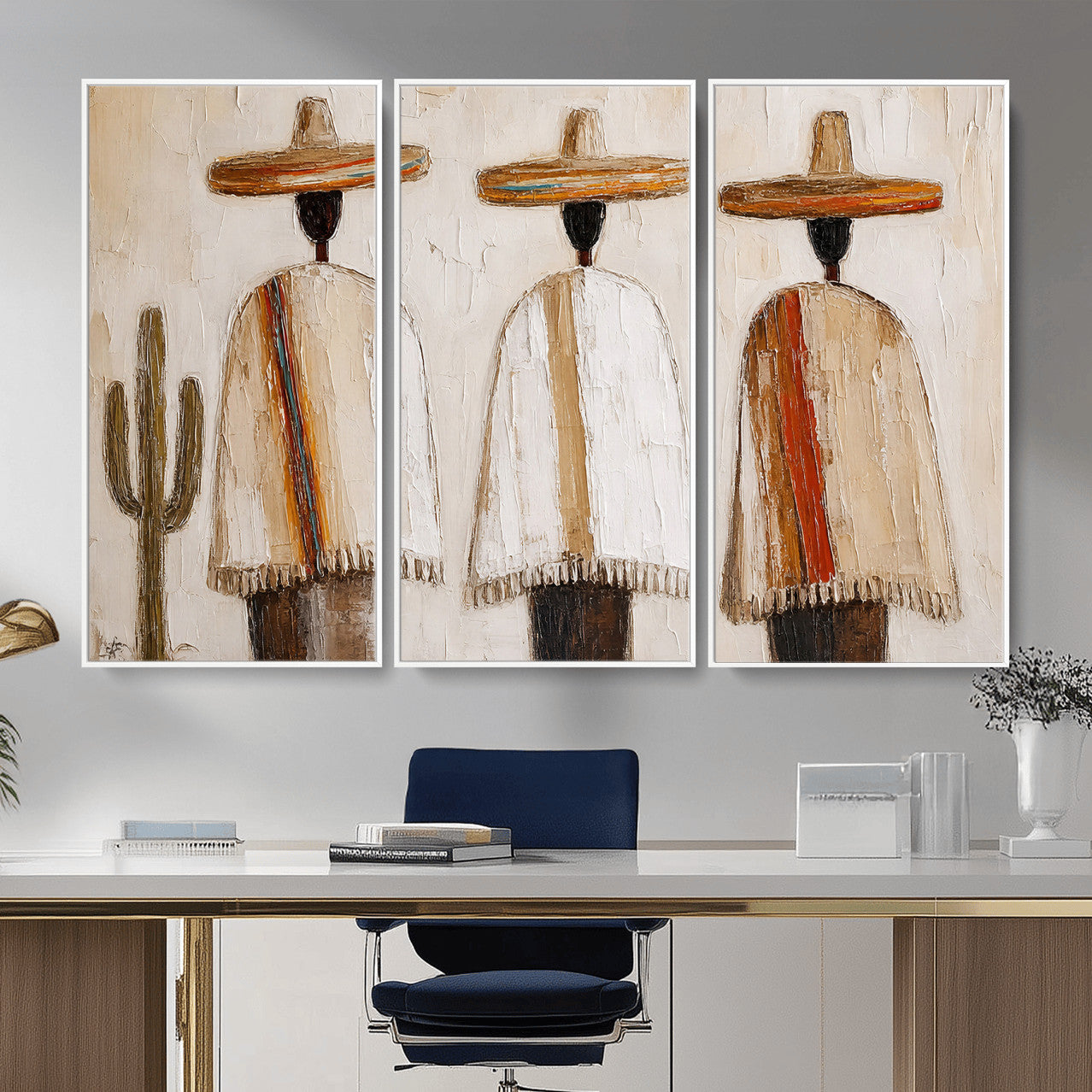 72884785-MGV-CV-36X24 - Mexican Folk Art Canvas Wall Art, Southwestern Sombrero Poncho Painting, Neutral Earthy Boho Decor, Fiesta Living Room Art, Impasto Style Print