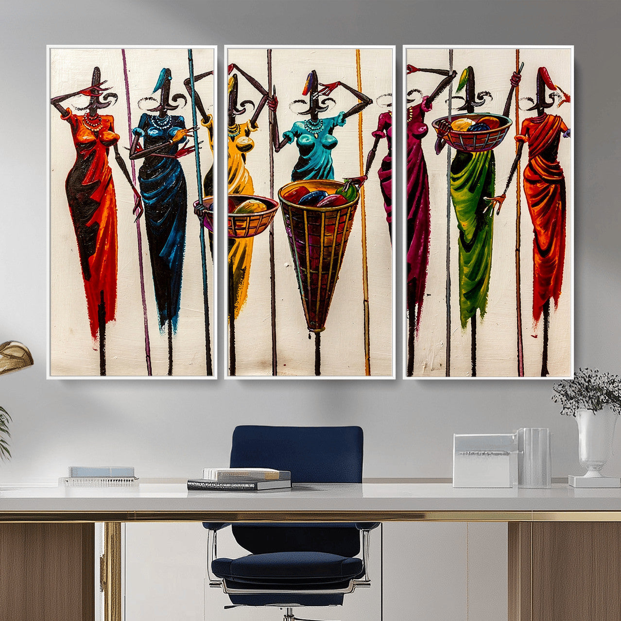 53545627-MGV-CV-36X24 - African Folk Art Canvas Wall Art, Colorful African Women Village Painting Print, Tribal Ethnic Home Decor, Vibrant African Art, Living Room