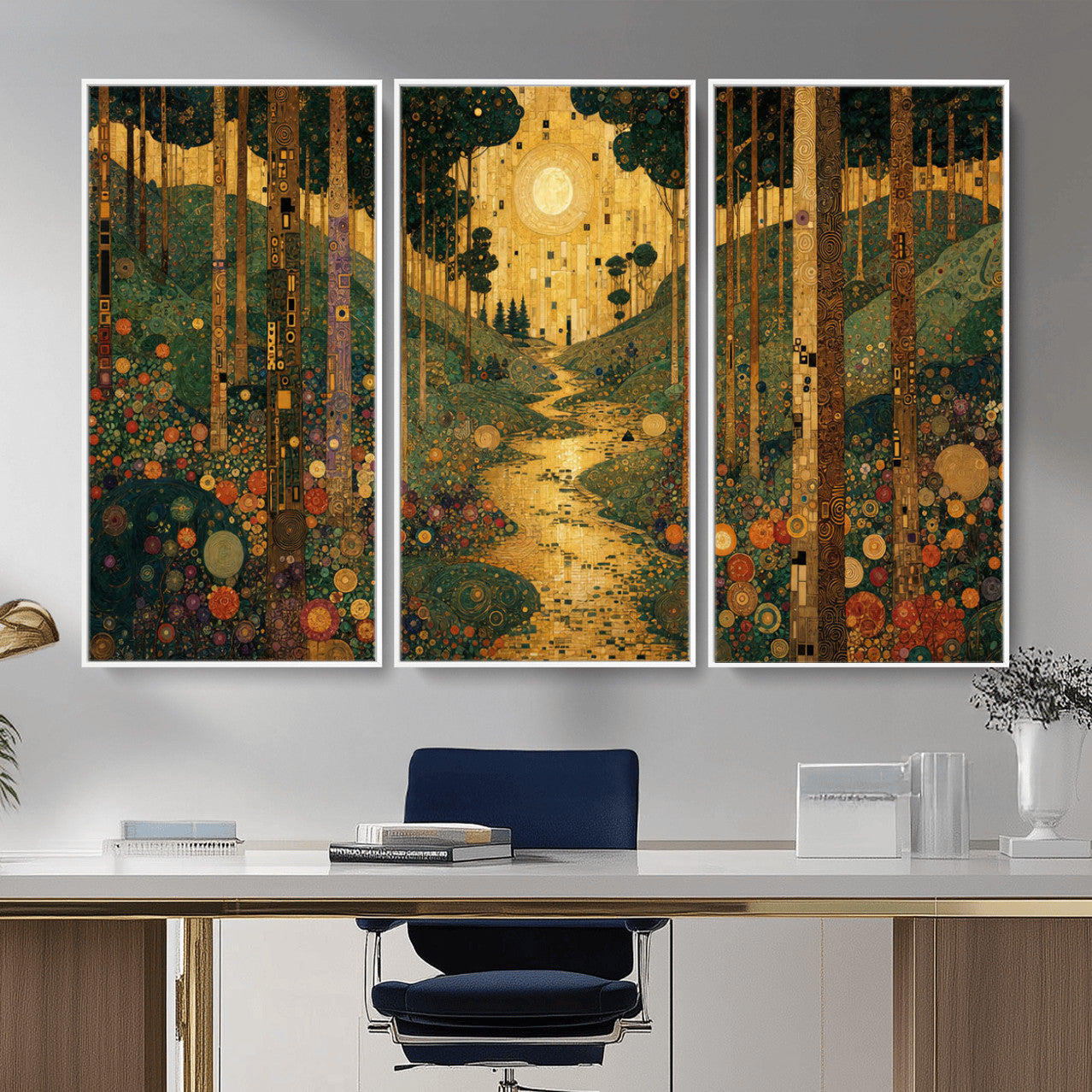79483321GS-MGV-CV-48X32-3P - Gustav Klimt Style Forest Canvas Wall Art, Golden Forest Path Floral Art Nouveau Print, Enchanted Woodland Decor