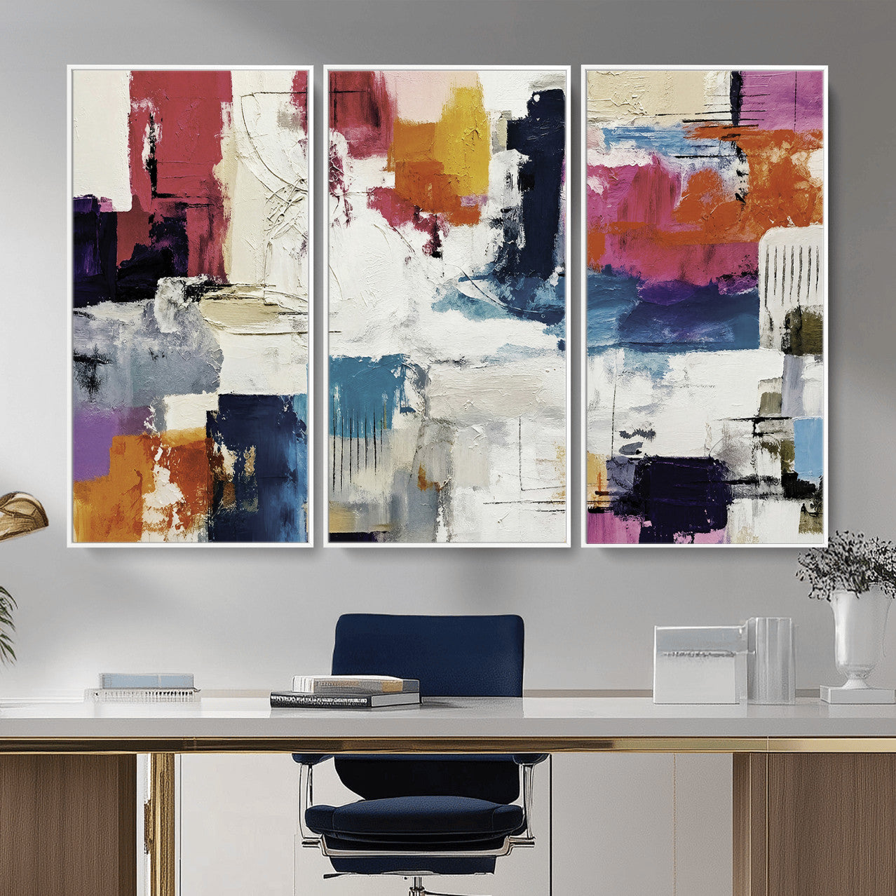 57864023-MGV-CV-36X24 - Blue Teal Abstract Canvas Wall Art, Modern Textured Painting Print, Navy Orange White Contemporary Art, Neutral Living Room Decor, Office Art