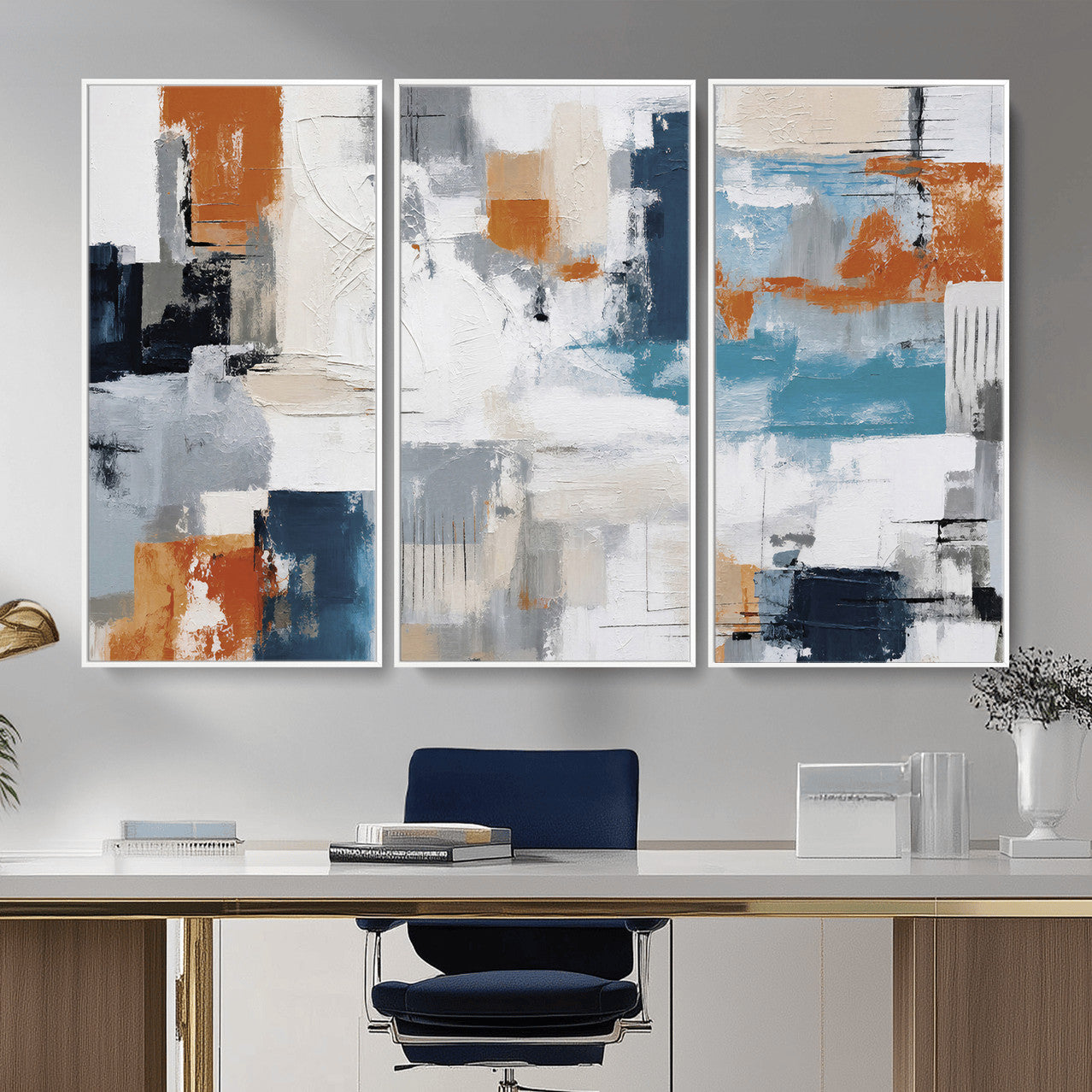 44950303-MGV-CV-36X24 - Blue Teal Abstract Canvas Wall Art, Modern Textured Painting Print, Navy Orange White Contemporary Art, Neutral Living Room Decor, Office Art