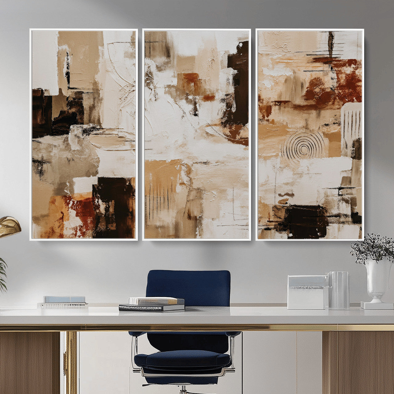 26560159-MGV-CV-36X24 - Blue Teal Abstract Canvas Wall Art, Modern Textured Painting Print, Navy Orange White Contemporary Art, Neutral Living Room Decor, Office Art