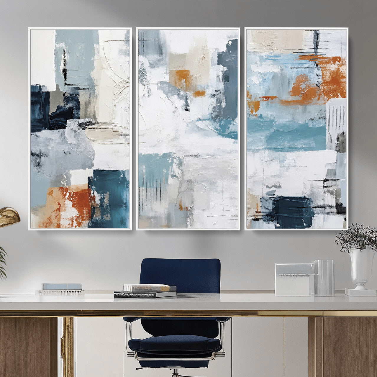 98638479-MGV-CV-36X24 - Blue Teal Abstract Canvas Wall Art, Modern Textured Painting Print, Navy Orange White Contemporary Art, Neutral Living Room Decor, Office Art