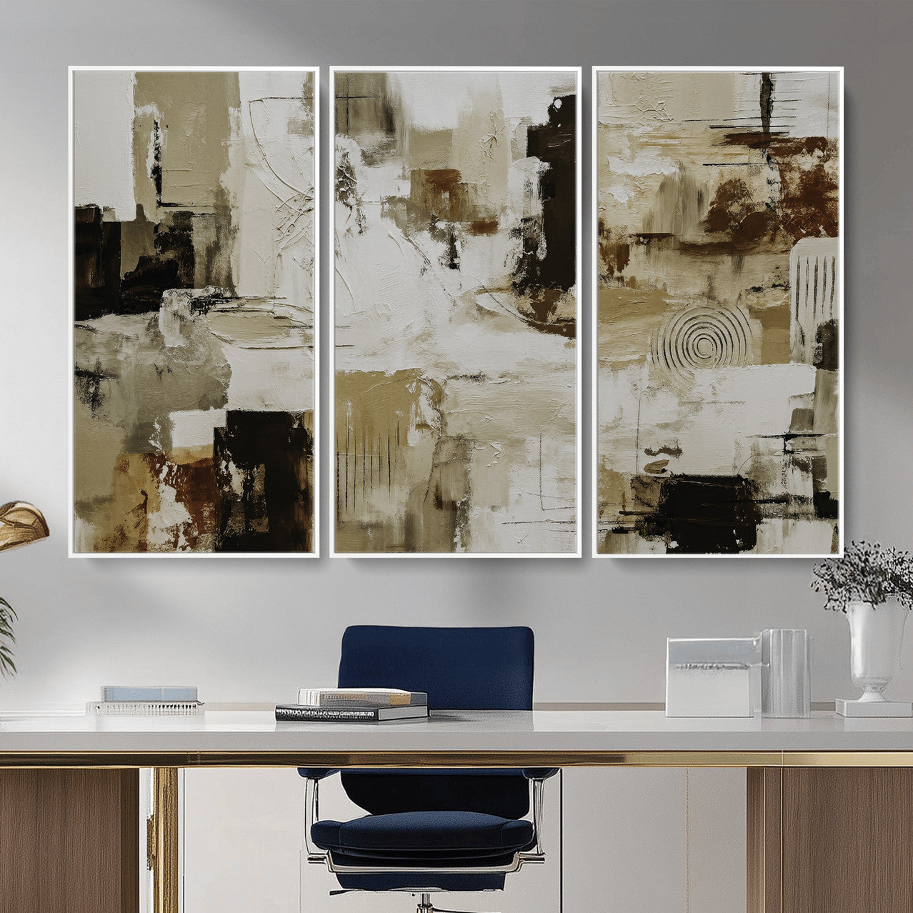 15668286-MGV-CV-36X24 - Blue Teal Abstract Canvas Wall Art, Modern Textured Painting Print, Navy Orange White Contemporary Art, Neutral Living Room Decor, Office Art