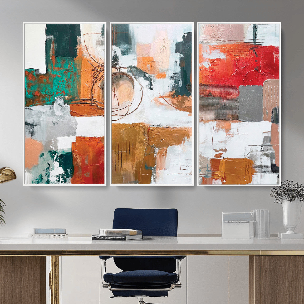 50720312-MGV-CV-36X24 - Blue Teal Abstract Canvas Wall Art | Modern Textured Painting Print, Navy Orange White Contemporary Art, Neutral Living Room Decor, Office Art.