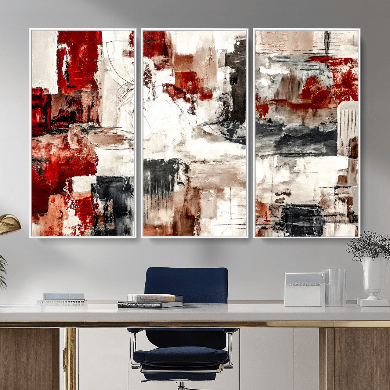 53022468-MGV-CV-36X24 - Blue Teal Abstract Canvas Wall Art, Modern Textured Painting Print, Navy Orange White Contemporary Art, Neutral Living Room Decor, Office Art