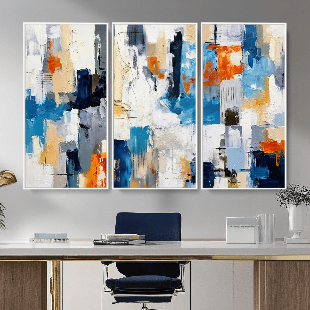 83915061-MGV-CV-36X24 - Blue Teal Abstract Canvas Wall Art, Modern Textured Painting Print, Navy Orange White Contemporary Art, Neutral Living Room Decor, Office Art