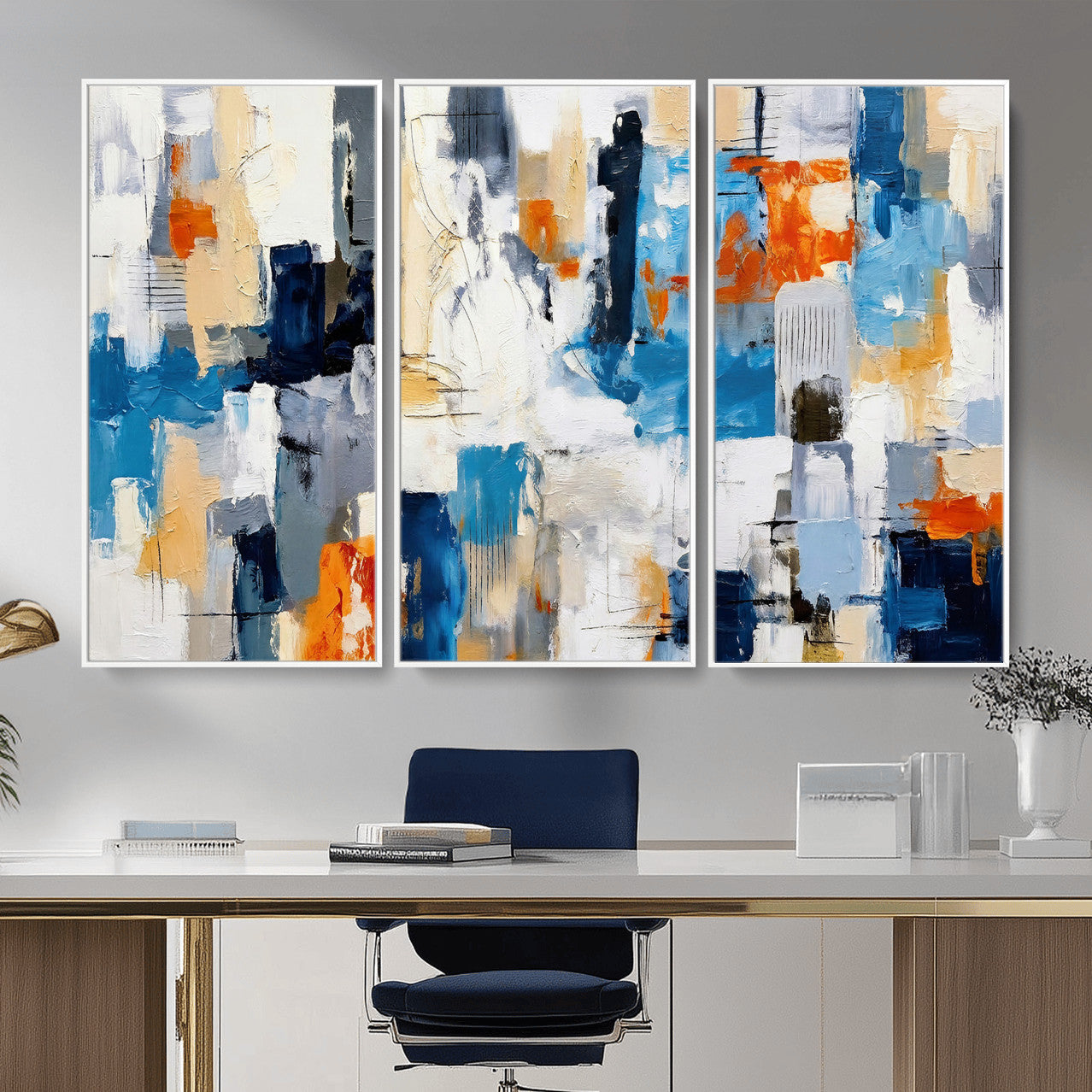 83915061-MGV-CV-36X24 - Blue Teal Abstract Canvas Wall Art, Modern Textured Painting Print, Navy Orange White Contemporary Art, Neutral Living Room Decor, Office Art