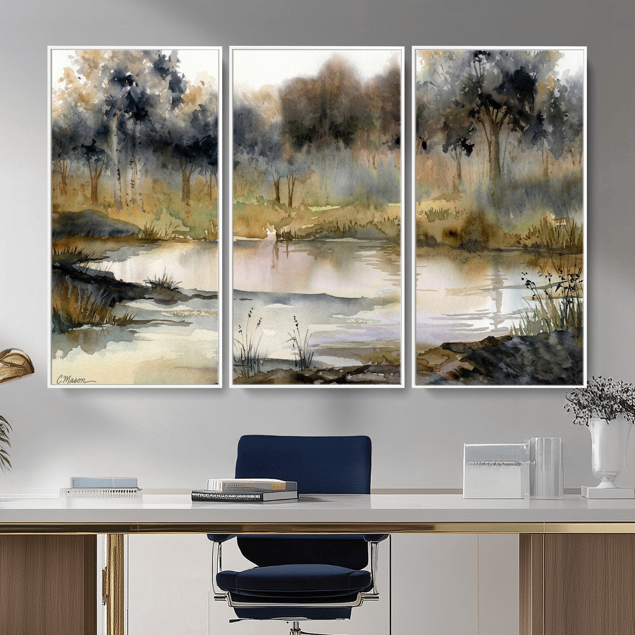 27383609-MGV-CV-36X24 - Abstract Watercolor Autumn Lake Canvas Wall Art Print - Misty Forest Landscape, Rustic Nature Painting, Cabin Wall Decor - Ready to Hang