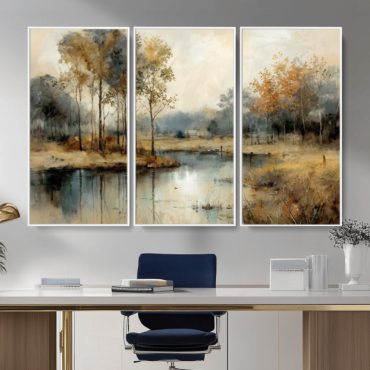 74391095-MGV-CV-36X24 - Abstract WatercolorAutumn Lake Canvas Wall Art Print, Misty Forest Landscape, Rustic Nature Painting, Cabin Wall Decor, Ready to Hang