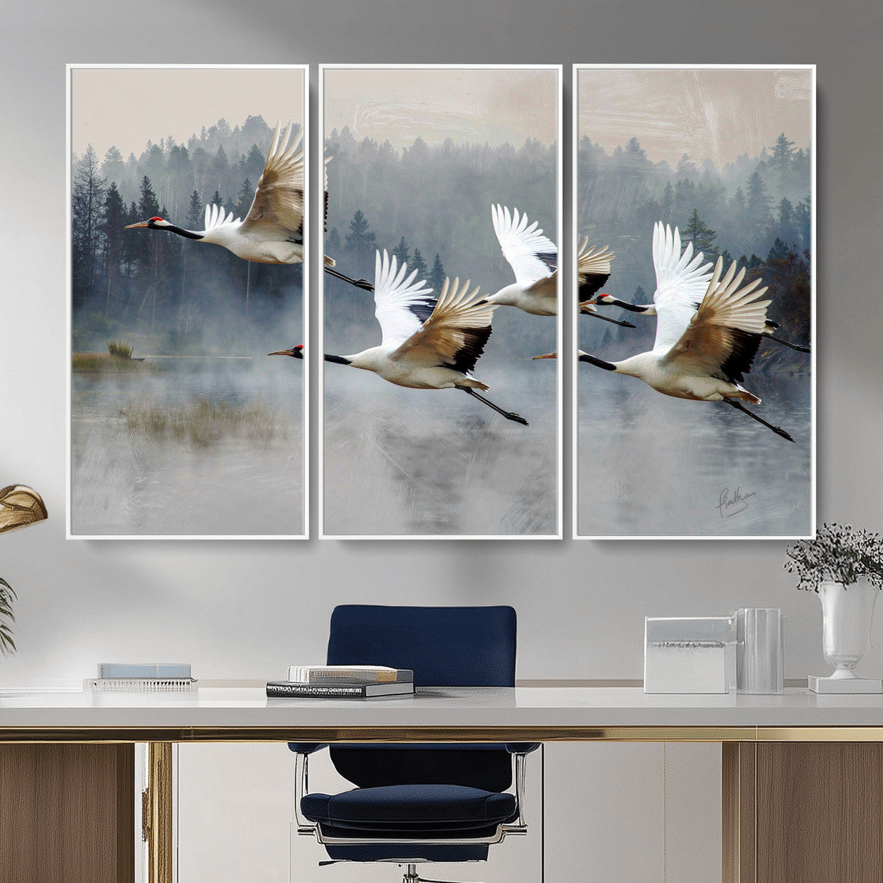 24356826-MGV-CV-36X24 - Flying Crane Canvas Wall Art Print, White Crane Bird Artwork, Wildlife Nature Decor, Lake Landscape Canvas, Ready to Hang
