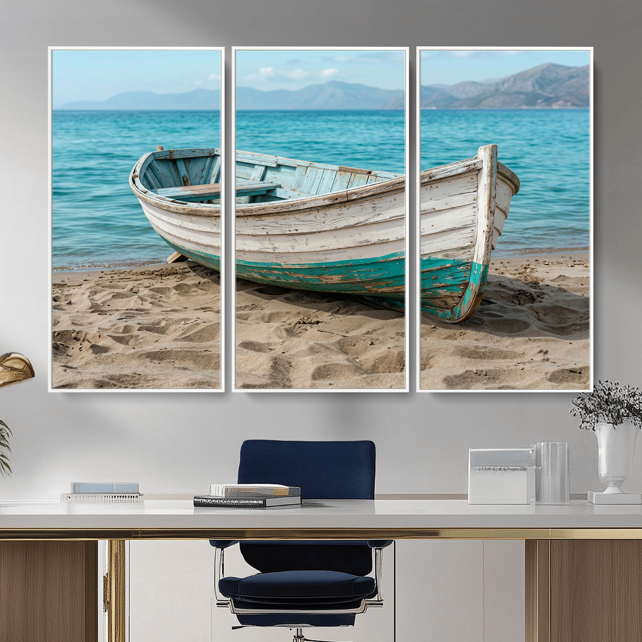 49963709-MGV-CV-36X24 - Coastal Boat Canvas Wall Art Print, Beach Boat Painting, Nautical Ocean Decor, Seascape Wall Art, Ready to Hang