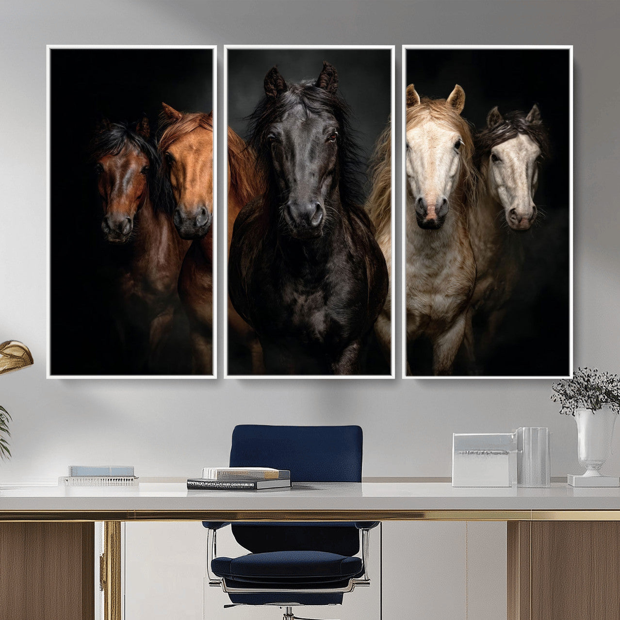 77696206-MGV-CV-36X24 - Horse Wall Art Canvas Print | Wild Horses Portrait Photography, Animal Horse Decor, Black Brown White Horse Herd
