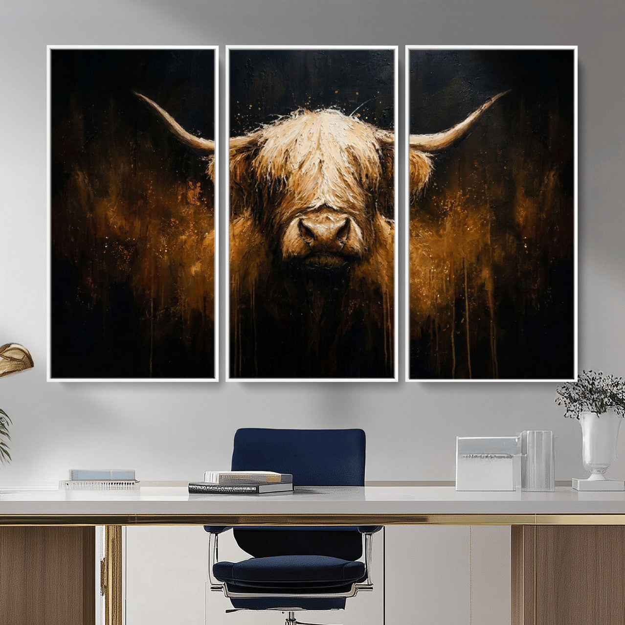 79873059-MGV-CV-36X24 - Rustic Highland Cow Canvas Print Dark Farmhouse Cattle Wall Decor