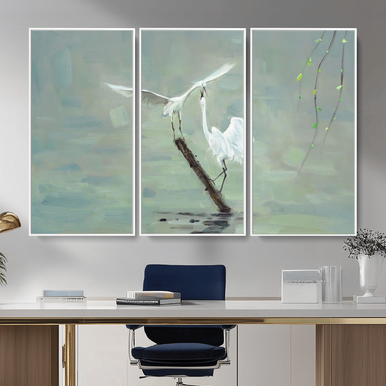 91124838-MGV-CV-36X24 - Two White Egrets on Marsh Branch Wall Art Canvas Print - Vintage Style Coastal Bird Poster