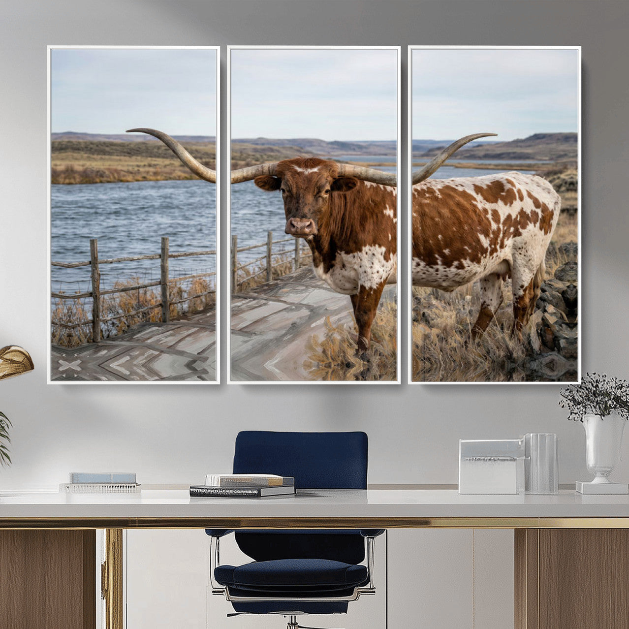 91575949-MGV-CV-36X24 - Texas Longhorn Cattle in Desert Pasture Wall Art Canvas Print - Rustic Western Decor