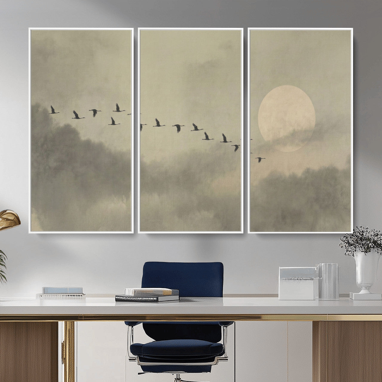 12098149-MGV-CV-36X24 - Flock of Birds Flying to Full Moon Wall Art Canvas Print - Vintage Surreal Clouds Painting