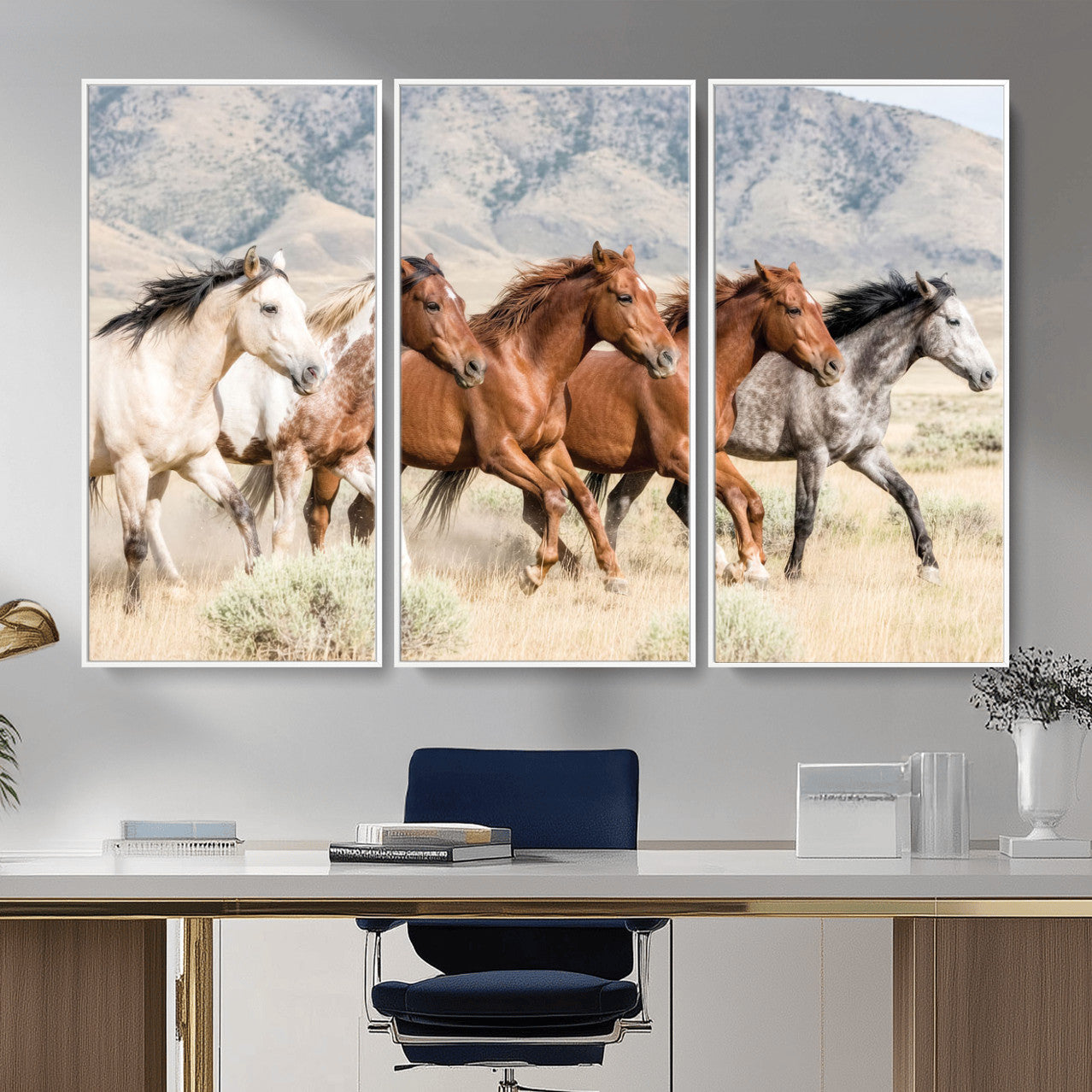 68345893-MGV-CV-36X24 - Five Mustangs Running Wild in Mountain Valley Wall Art Canvas Print - Rustic Western Decor