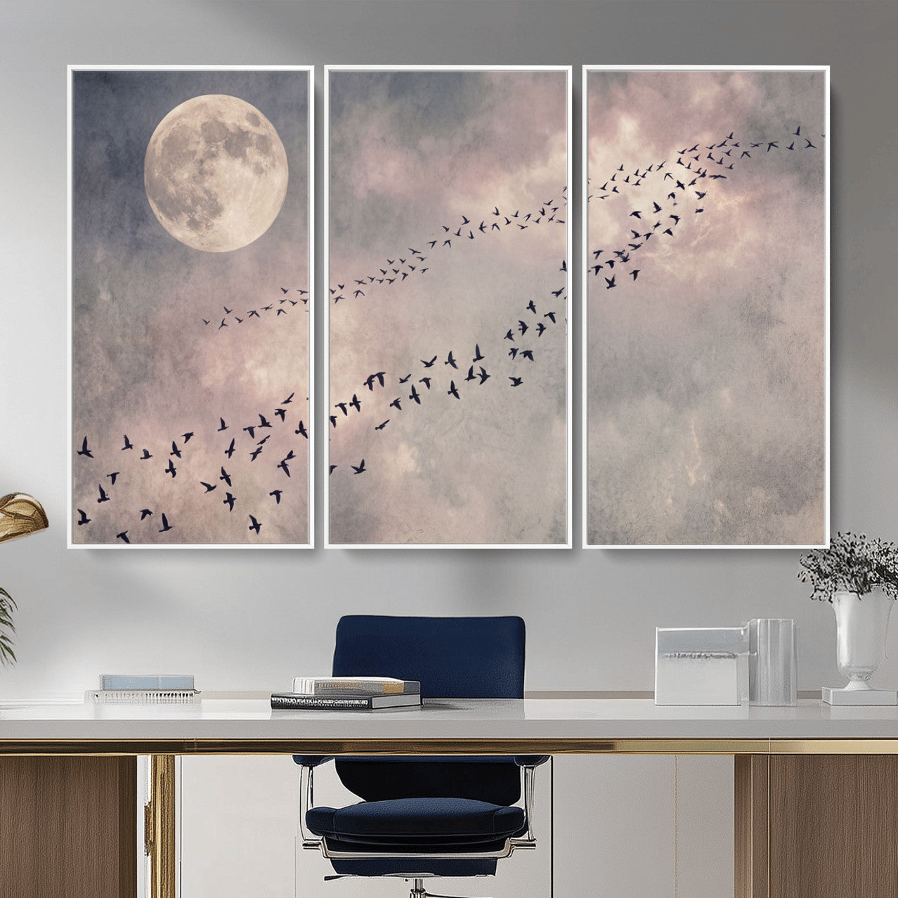 52339590-MGV-CV-36X24 - Birds Flying to Moon Wall Art Canvas Print - Vintage Surreal Night Sky Sky Print