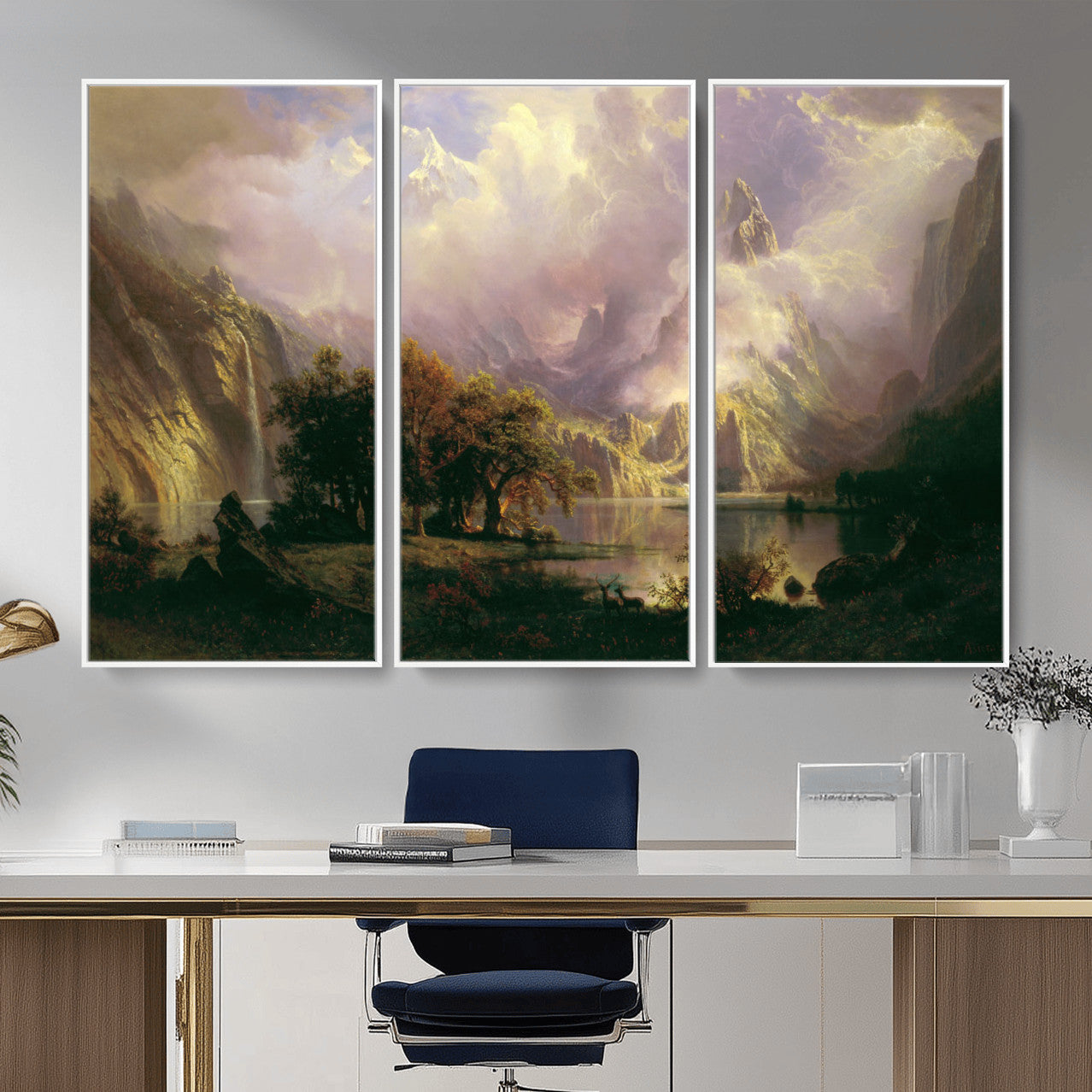 49189463-MGV-CV-36X24 - Albert Bierstadt Rocky Mountain Landscape Wall Art Canvas Print, Classic Fine Art Painting Print
