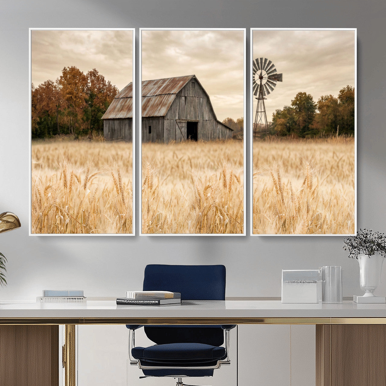 99640659-MGV-CV-36X24 - Rustic Farmhouse Barn and Windmill Wall Art Canvas Print, Country Landscape Photography Print