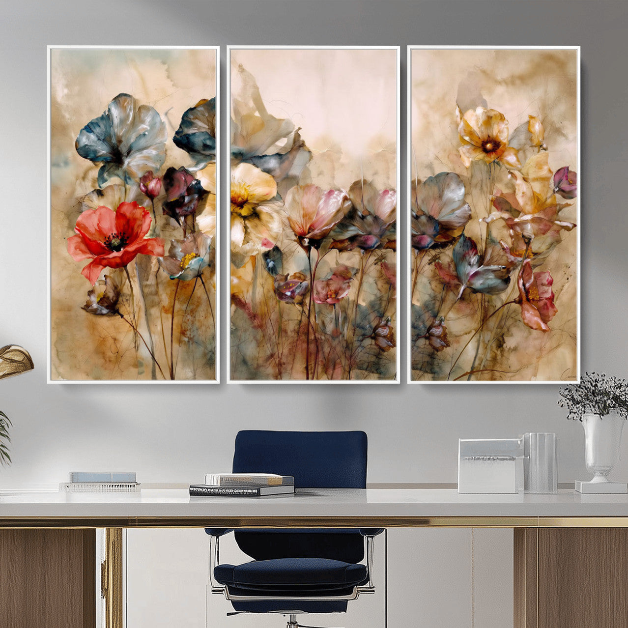 11407233-MGV-CV-36X24 - Vintage Dried Floral Meadow Wall Art Canvas Print, Translucent Watercolor Flowers Painting Print