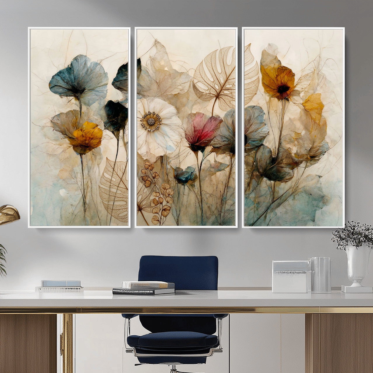 93171612-MGV-CV-36X24 - Vintage Dried Floral Meadow Wall Art Canvas Print, Translucent Watercolor Flowers Painting Print