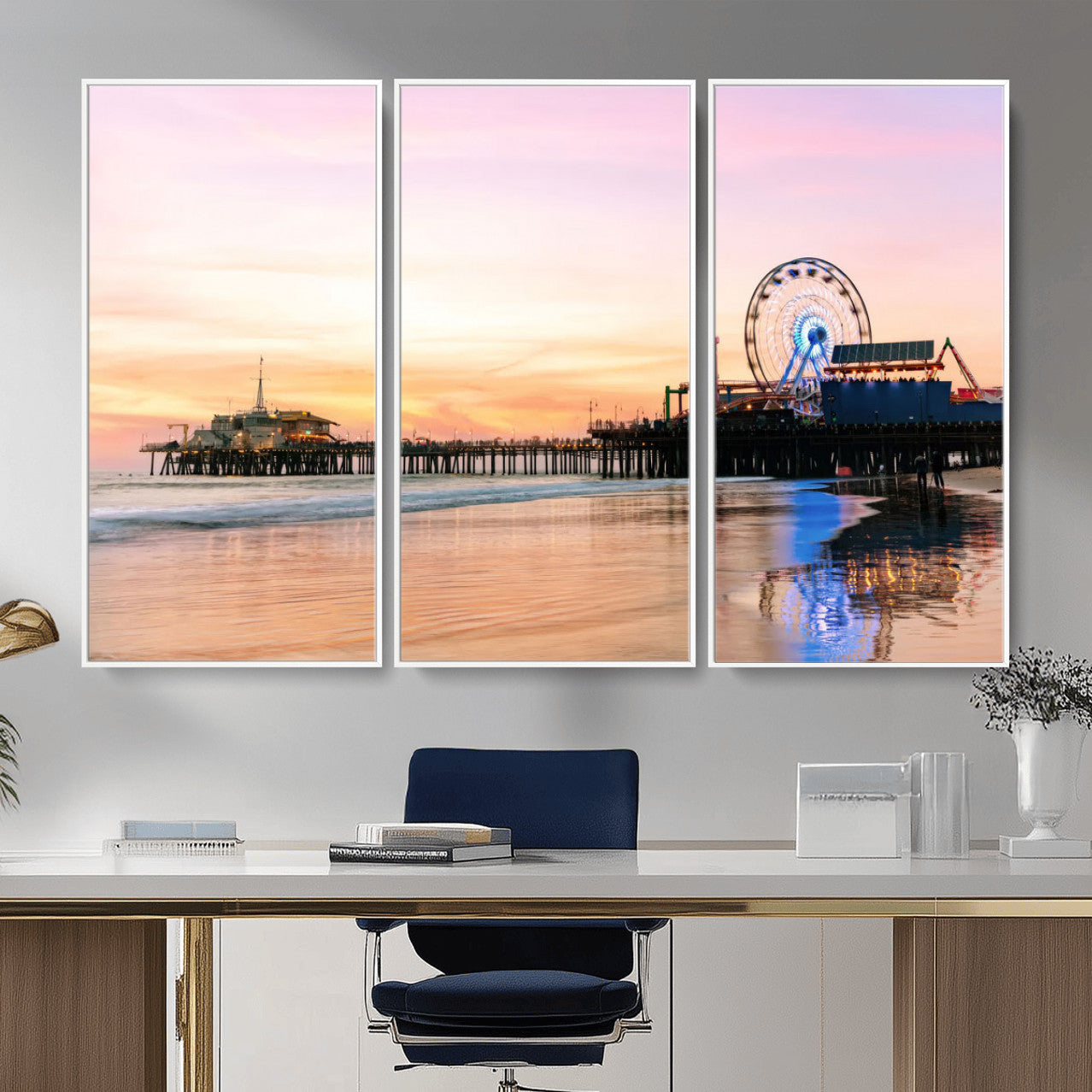 27381272-MGV-CV-36X24 - Santa Monica Pier Sunset Beach Wall Art Canvas Print, California Ferris Wheel Photo Print
