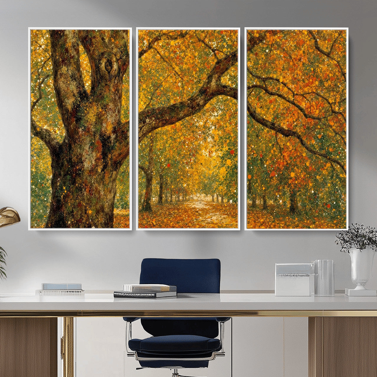 11536138-MGV-CV-36X24 - Vintage Autumn Forest Path Wall Art Canvas Print, Golden Leaves Impressionist Painting Print