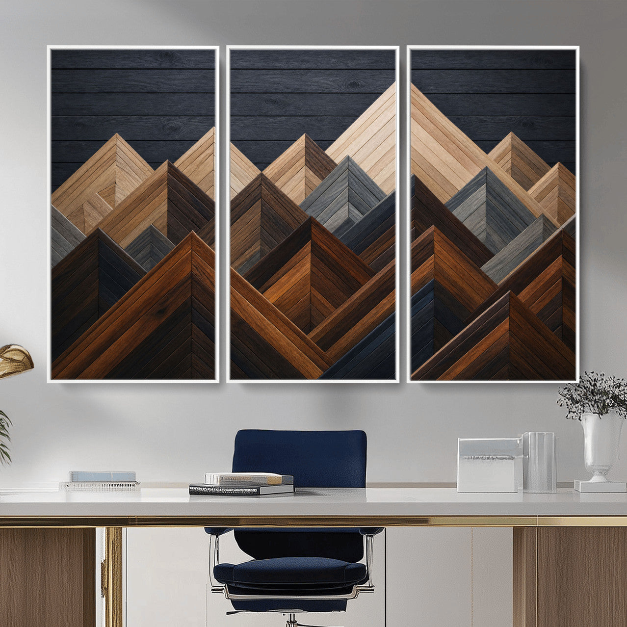 70531117-MGV-CV-36X24 - Geometric Wood Mountain Wall Art Canvas Print, 3D Look Rustic Mosaic Landscape Print