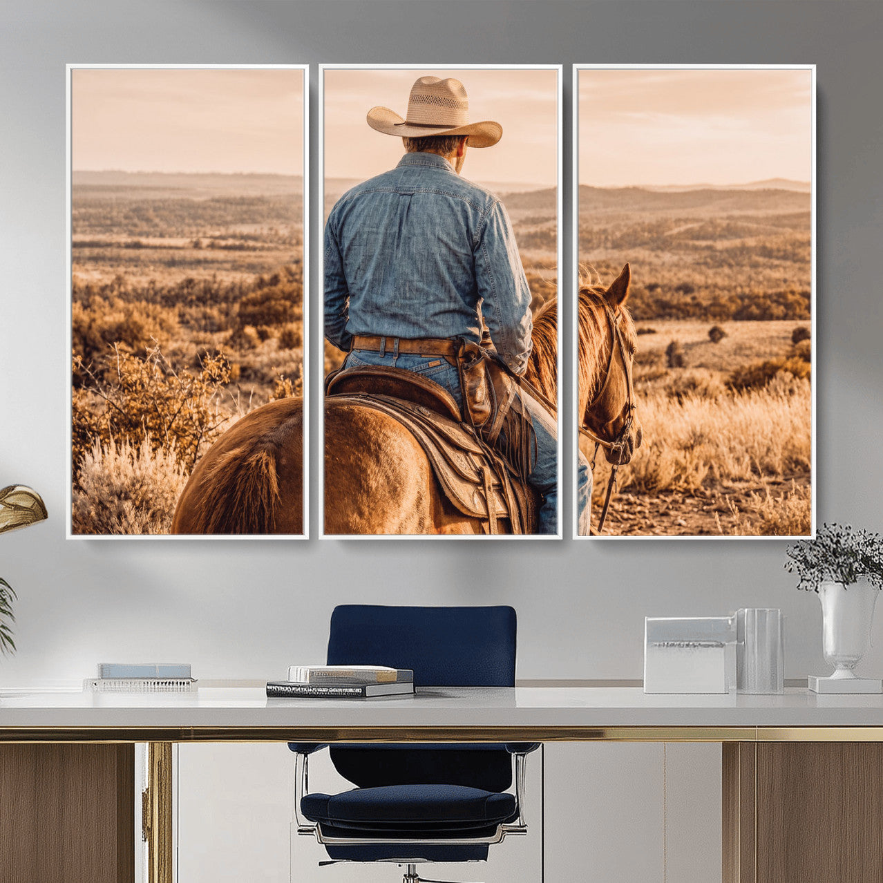 62076449-MGV-CV-36X24 - Texas Cowboy and Horse Print for Western Wall Art Decor for Farmhouse