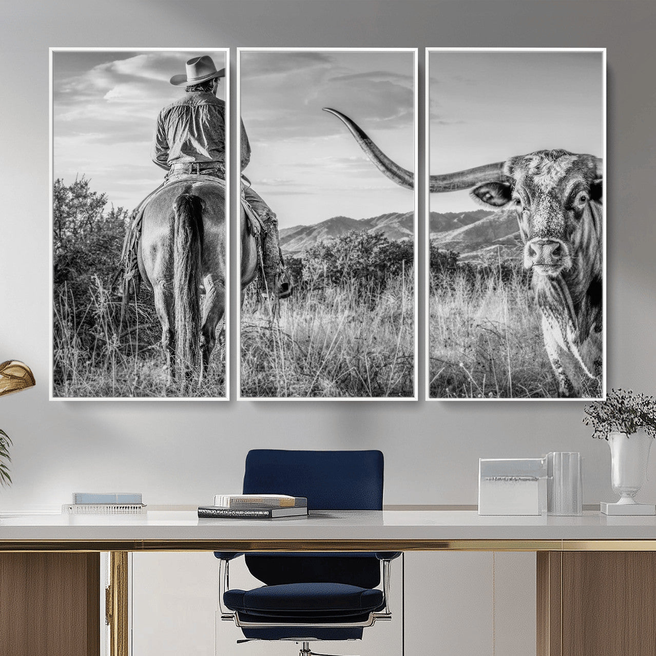 62076449WB-MGV-CV-36X24 - Texas Cowboy and Longhorn Bull Print for Western Wall Art Decor for Farmhouse