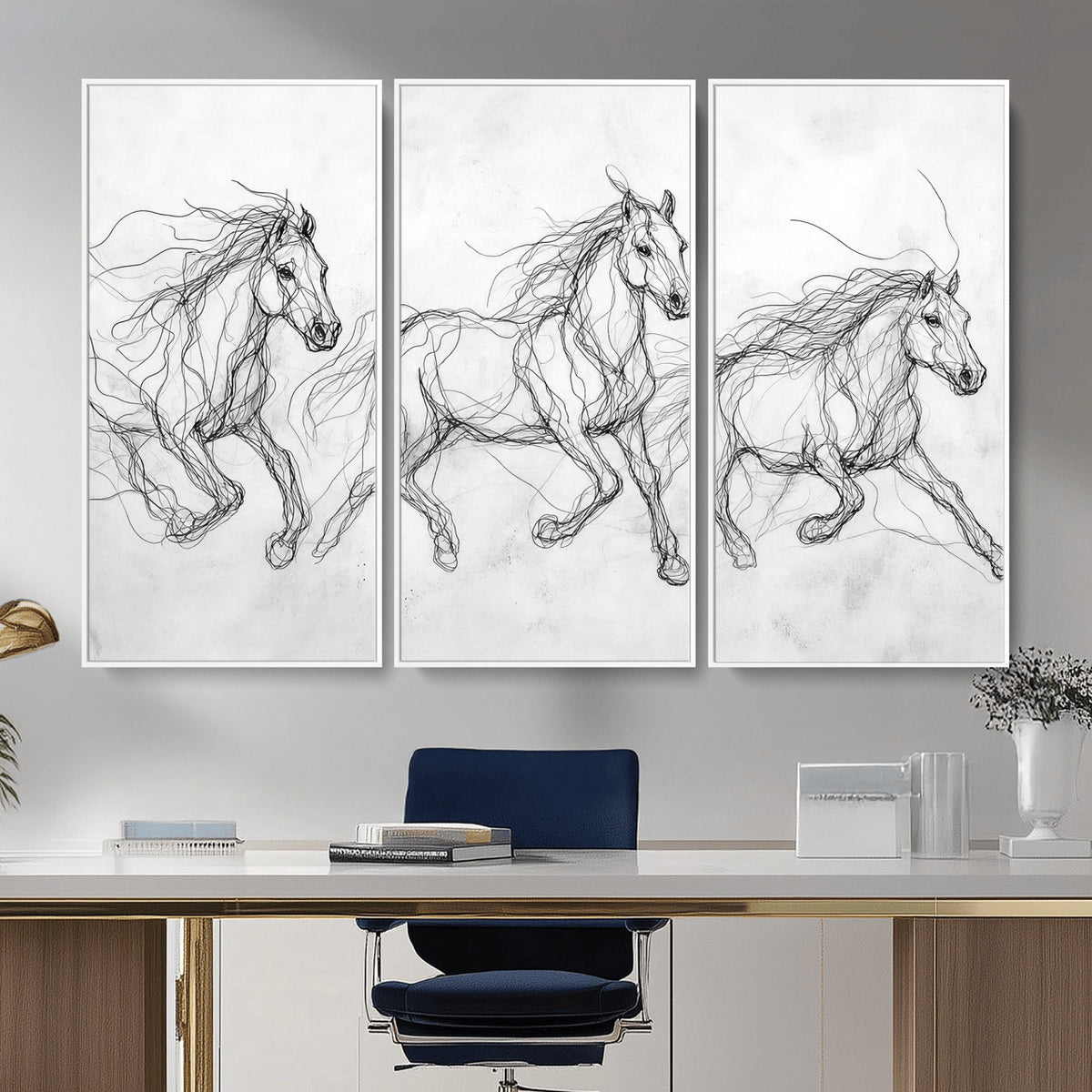 53600119-MGV-CV-36X24 - Monochrome Horse Canvas Wall Art, Black Ink Sketch Wild Horses Print, Minimalist Equestrian Artwork, Modern Abstract Line Decor, Urban Loft Gift