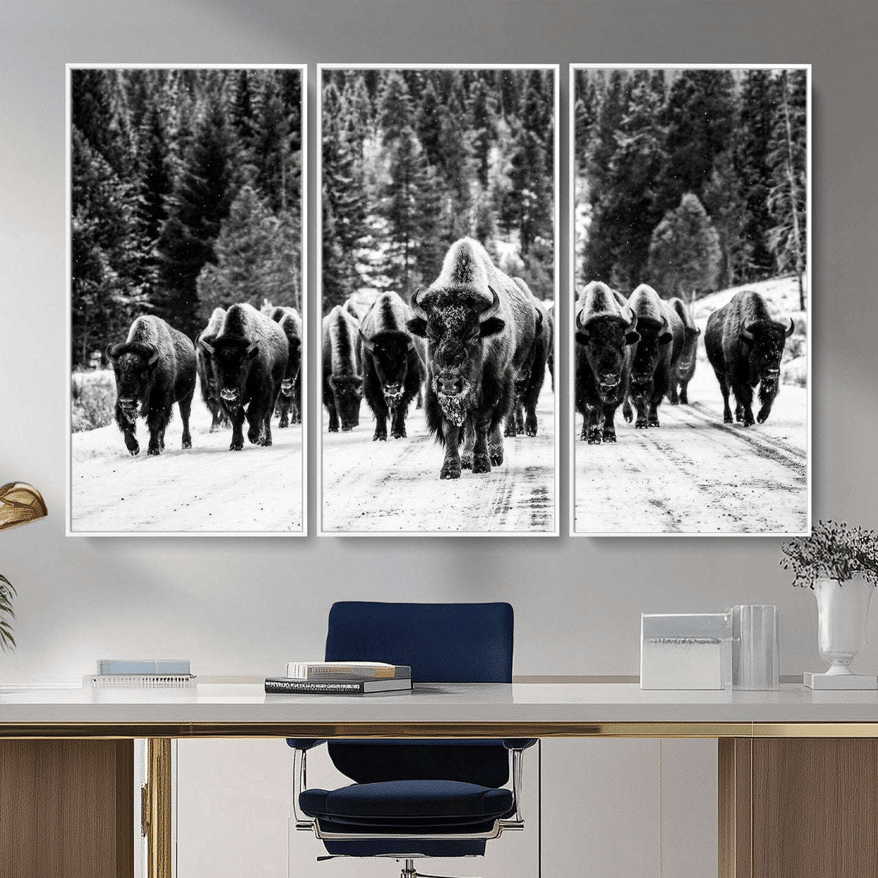 79337077-MGV-CV-36X24 - Black and White Bison Canvas Art, American Buffalo Print, Winter Wildlife Photography, Rustic Forest Wall Decor, Large Statement Nature Gift