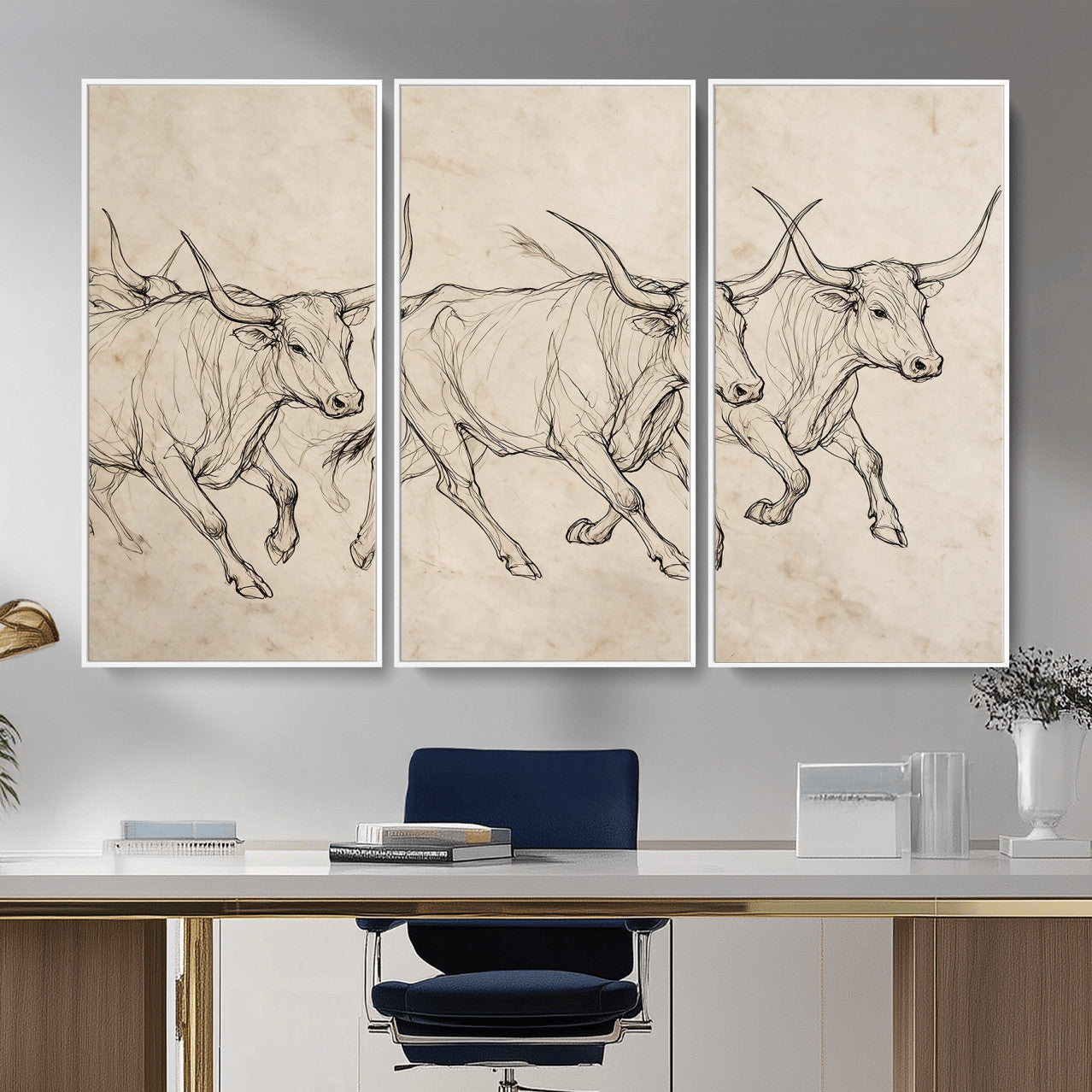 87177621-MGV-CV-36X24 - Minimalist Longhorn Line Art, Modern Texas Bull Canvas Print, Abstract Western Wall Decor, Continuous Line Artwork, Black White Ranch Gift