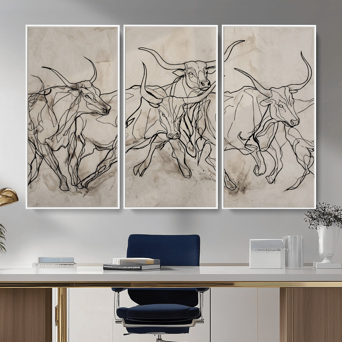 16671245-MGV-CV-36X24 - Minimalist Longhorn Line Art, Modern Texas Bull Canvas Print, Abstract Western Wall Decor, Continuous Line Artwork, Black White Ranch Gift