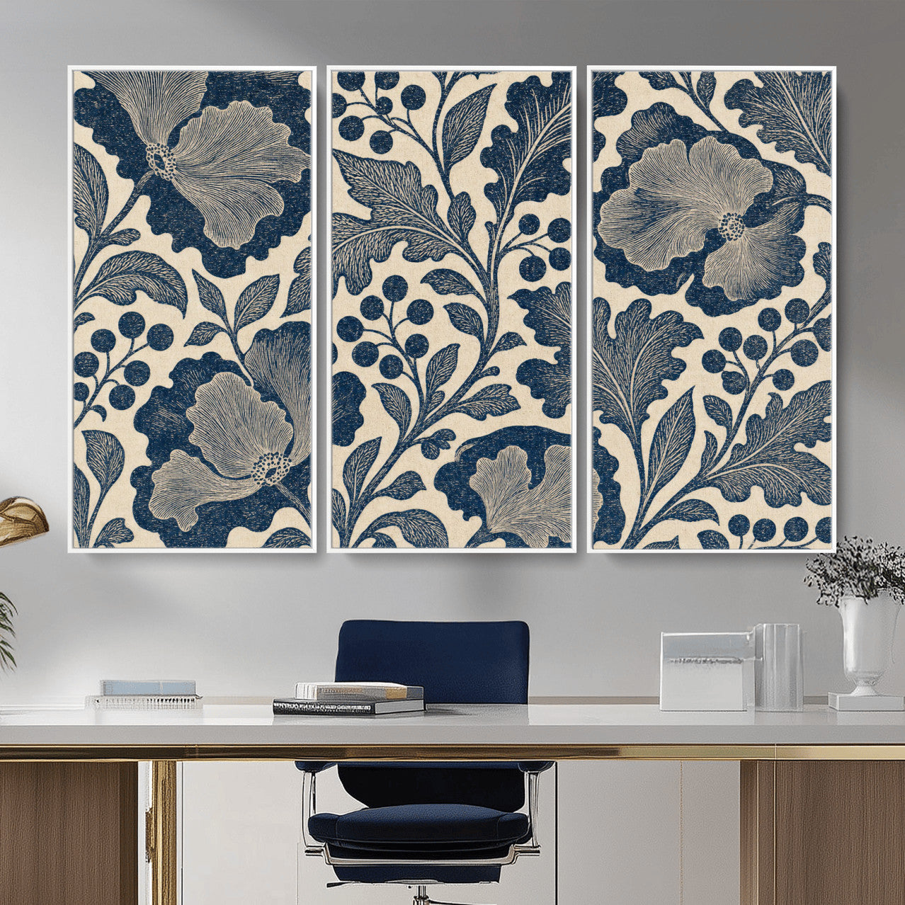 23824002-MGV-CV-36X24 - William Morris Style Navy Blue Floral Wall Art Canvas Print, Vintage Cream Botanical Painting Print