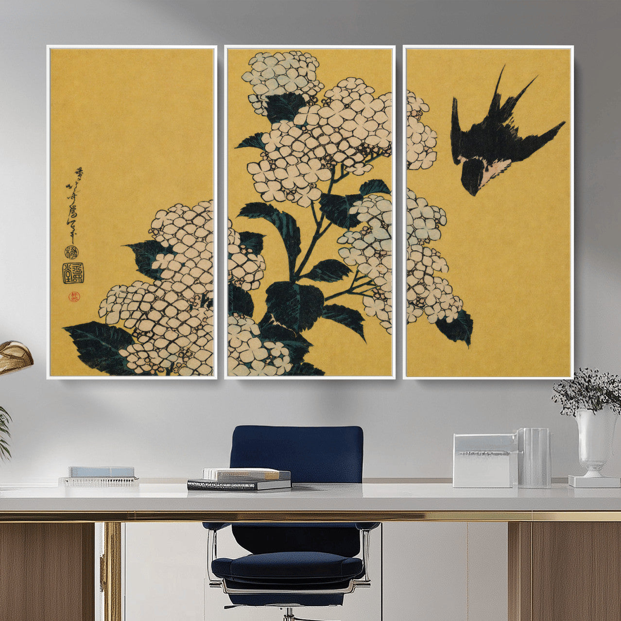 92483501-MGV-CV-36X24 - Katsushika Hokusai Hydrangea and Swallow Wall Art Canvas Print, Japanese Woodblock Painting Print