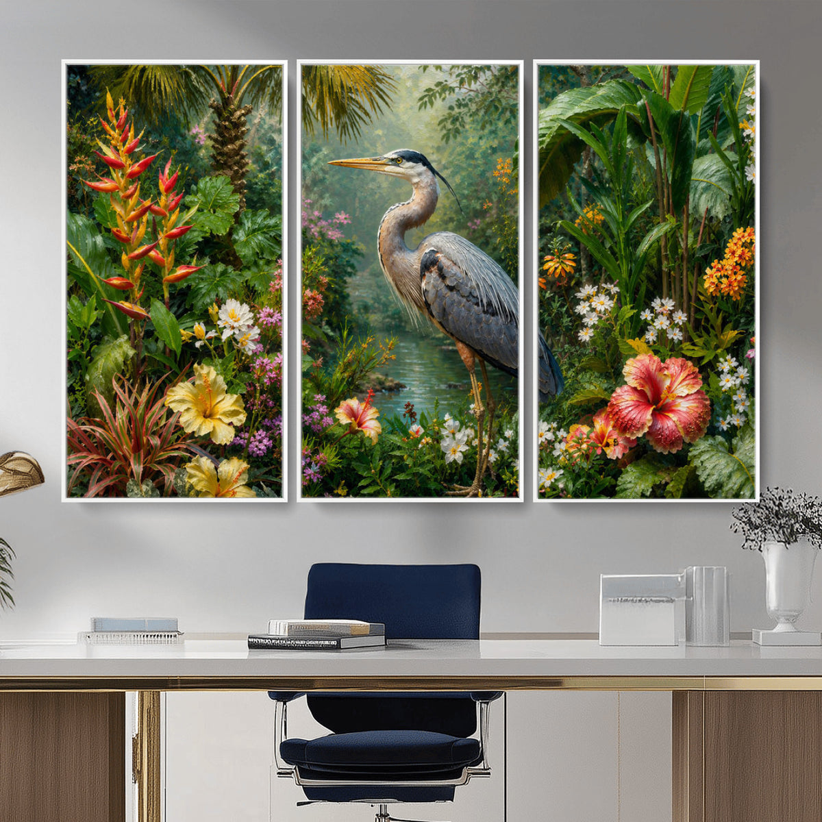 81059387-MGV-CV-36X24 - Great Blue Heron Tropical Jungle Wall Art Canvas Print, Exotic Botanical Garden Painting Print