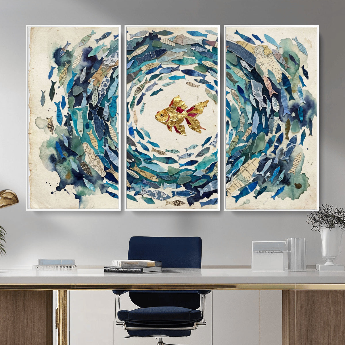 73165663-MGV-CV-36X24 - Mixed Media Blue Fish Swirl Canvas Wall Art, Goldfish Collage Ocean Print