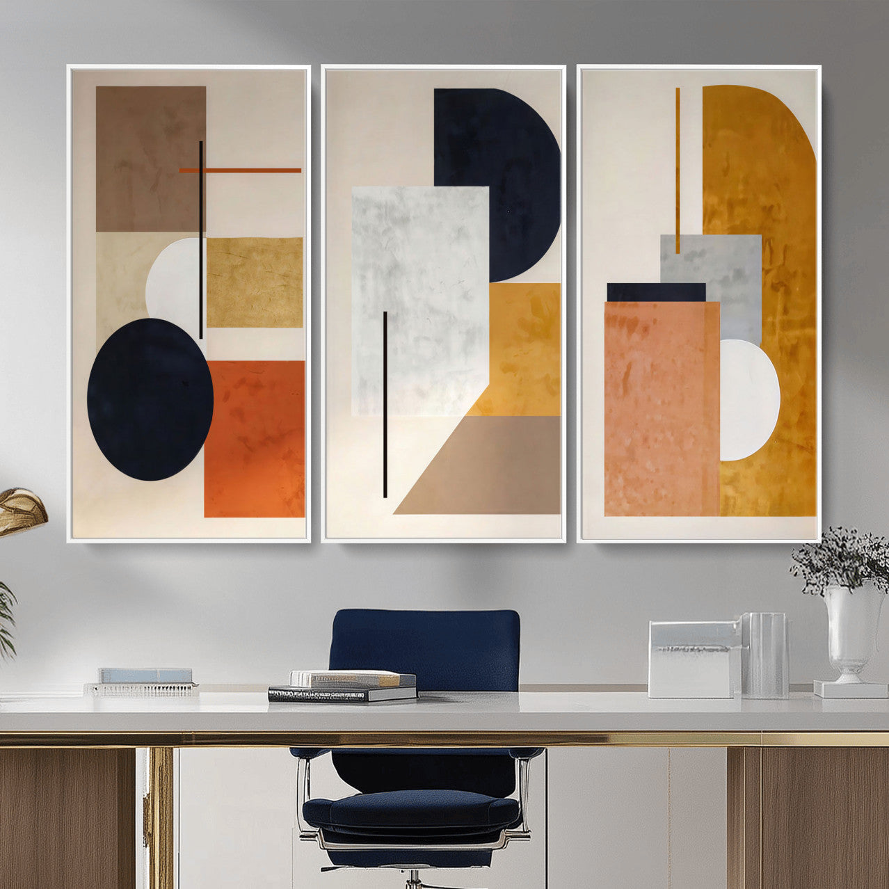 87361249-MGV-CV-48X32-3P - Mid Century Modern Geometric Canvas Wall Art, Abstract Triptych Print
