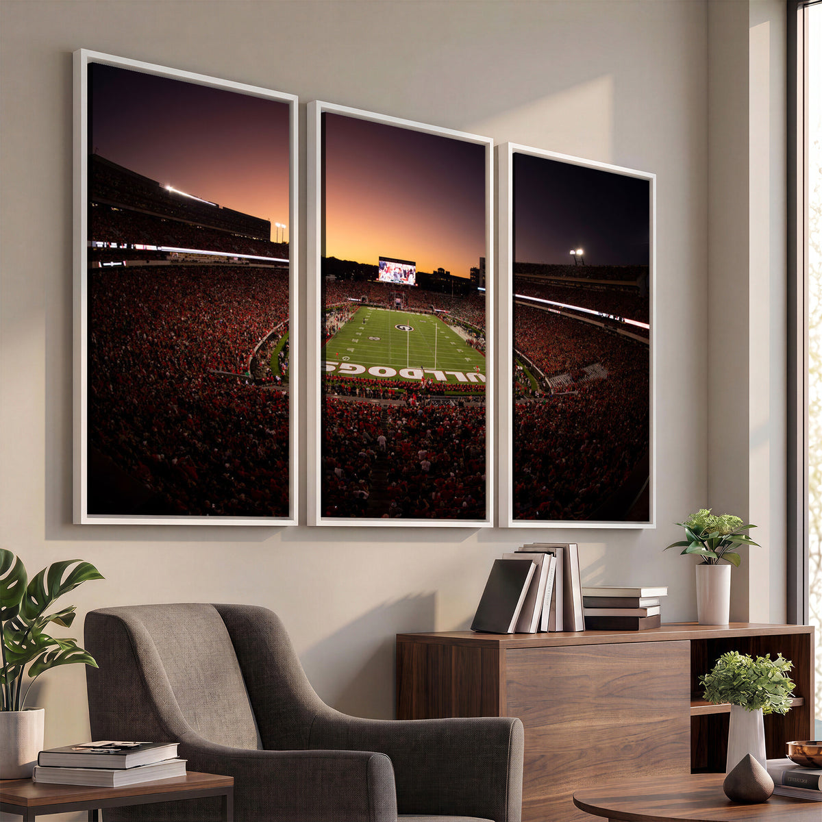 97720998-_Poster-30x20 - Georgia Bulldogs Stadium Sunset Canvas Print 3 Piece Framed Wall Art Extra Large Floating Frame Sports Poster Made in USA