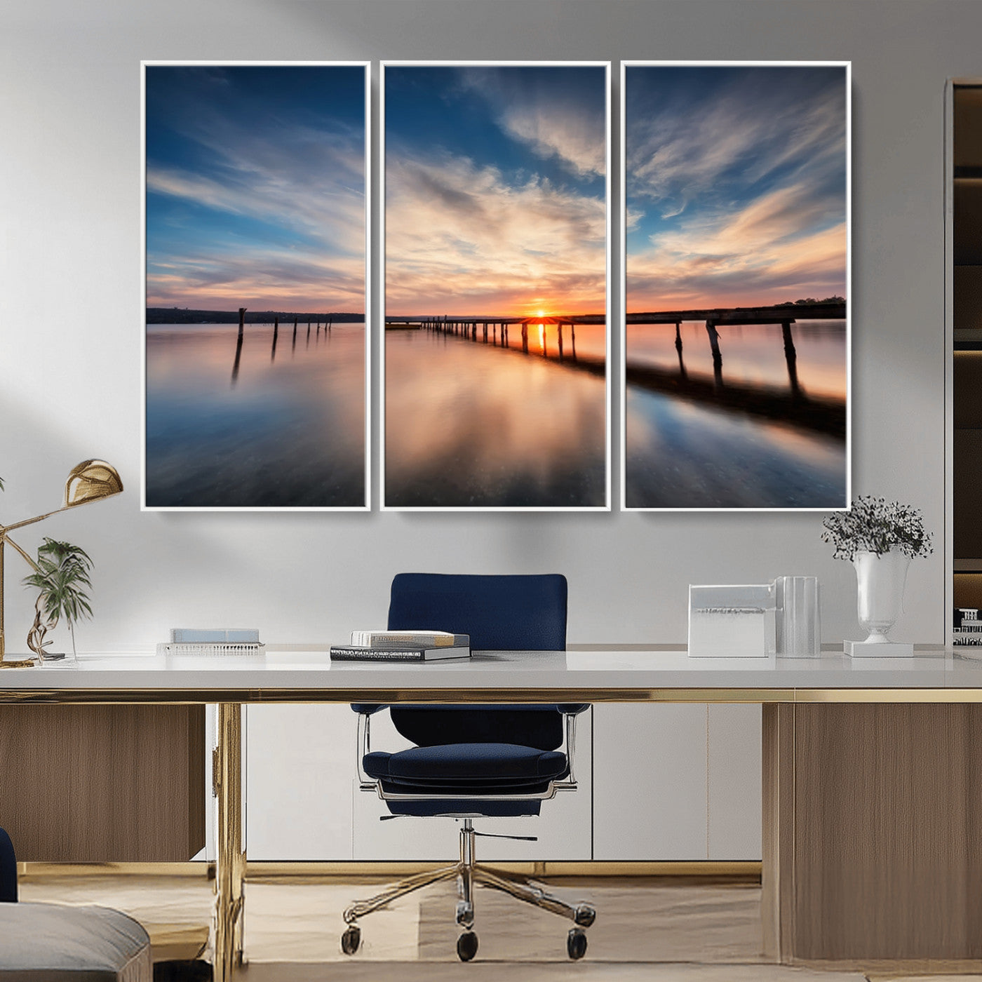 39967-MGV-FC-48X32-3P_White-Wooden Pier on Seascape and Sunset Wall Art Canvas Print