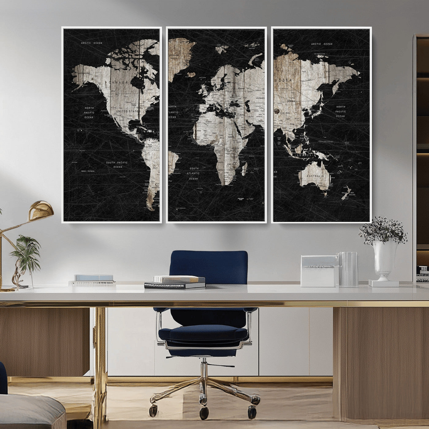 89998-MGV-CV-36X24-Rustic Black and Wood World Map Canvas Wall Art – Framed Push Pin Travel Map for Home and Office Decor, Modern Vintage Wall Artwork